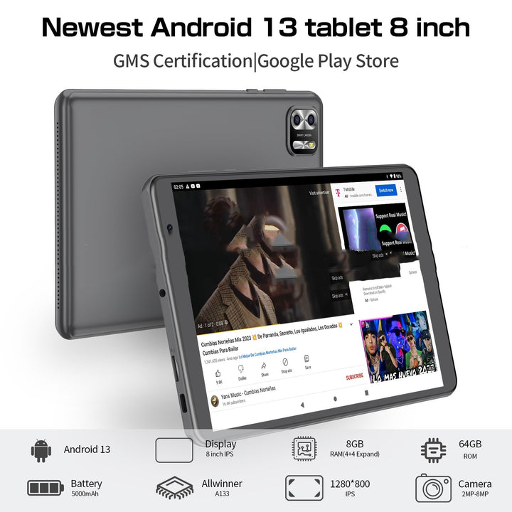 Tablet PC de oito núcleos de 8 polegadas, sistema Android 13, 64g, grande capacidade