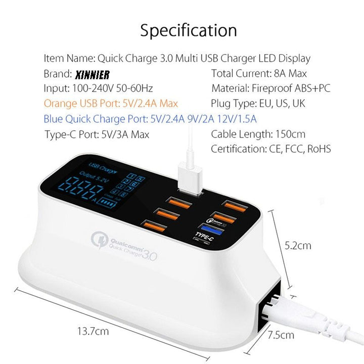 Estação de carregador USB inteligente comum Quick Charge 3.0