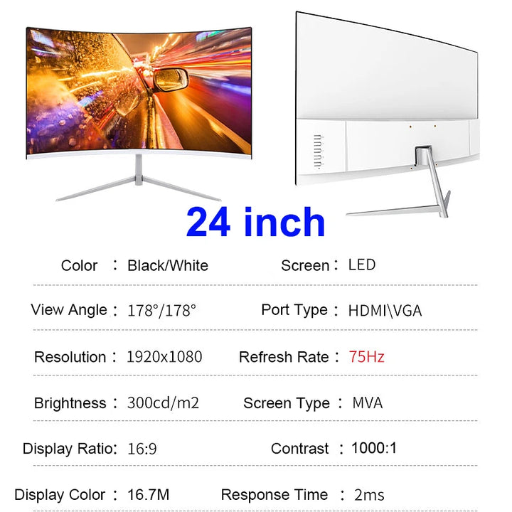 24/27 Inch Curved 75Hz Gaming Monitor MVA FHD 1080P Computer Display 2800R HDMI/VGA DCR Eye Protect VESA 100*100 2ms Response