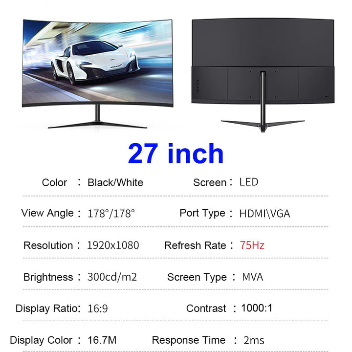 24/27 Inch Curved 75Hz Gaming Monitor MVA FHD 1080P Computer Display 2800R HDMI/VGA DCR Eye Protect VESA 100*100 2ms Response