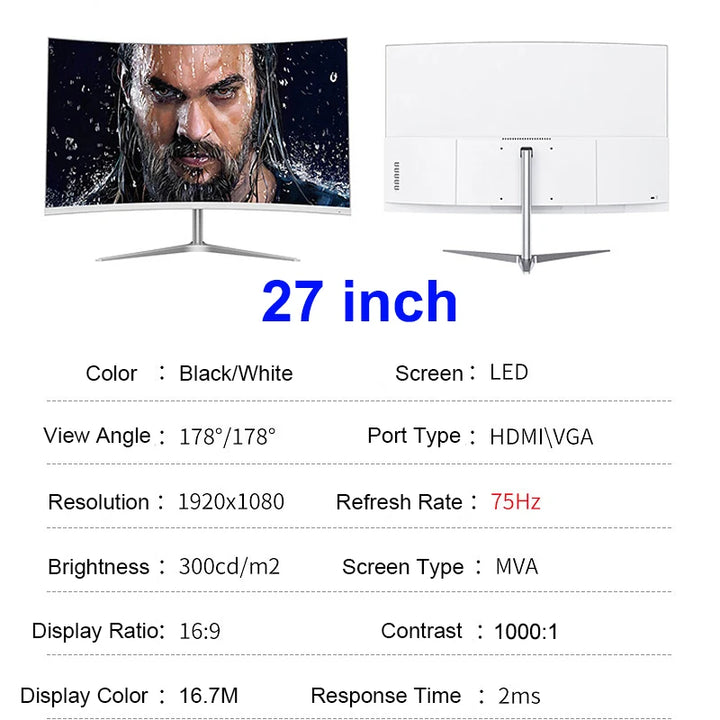 24/27 Inch Curved 75Hz Gaming Monitor MVA FHD 1080P Computer Display 2800R HDMI/VGA DCR Eye Protect VESA 100*100 2ms Response