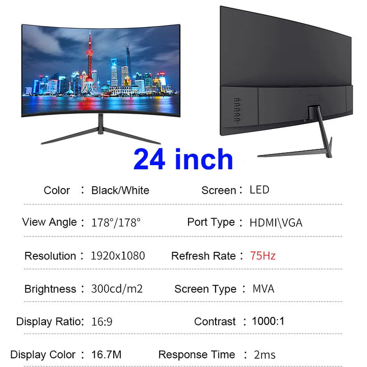 24/27 Polegada curvado 75hz monitor de jogos mva fhd 1080p tela do computador 2800r hdmi/vga dcr olho proteger vesa