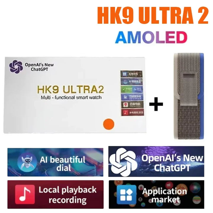 Novo Hk9 ultra2 max chamada bluetooth relógio inteligente masculino tela hd chatgpt