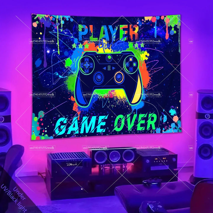 Blacklight Gaming Tapestry UV Reactive Game Controller Neon Tapestrys For Boys Glow In The Dark Tapestry Aesthetic Room Decor