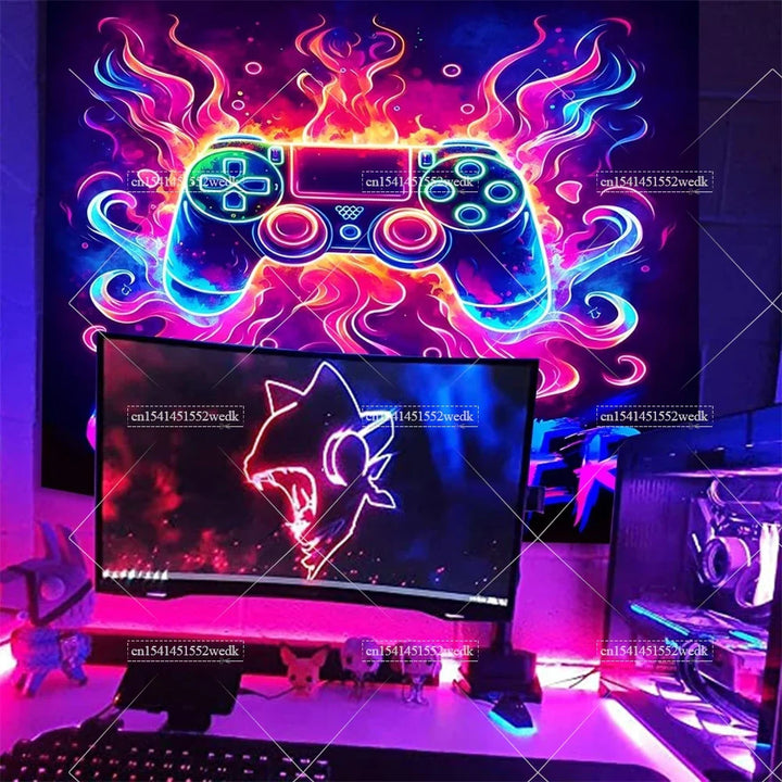 Blacklight Gaming Tapestry UV Reactive Game Controller Neon Tapestrys For Boys Glow In The Dark Tapestry Aesthetic Room Decor