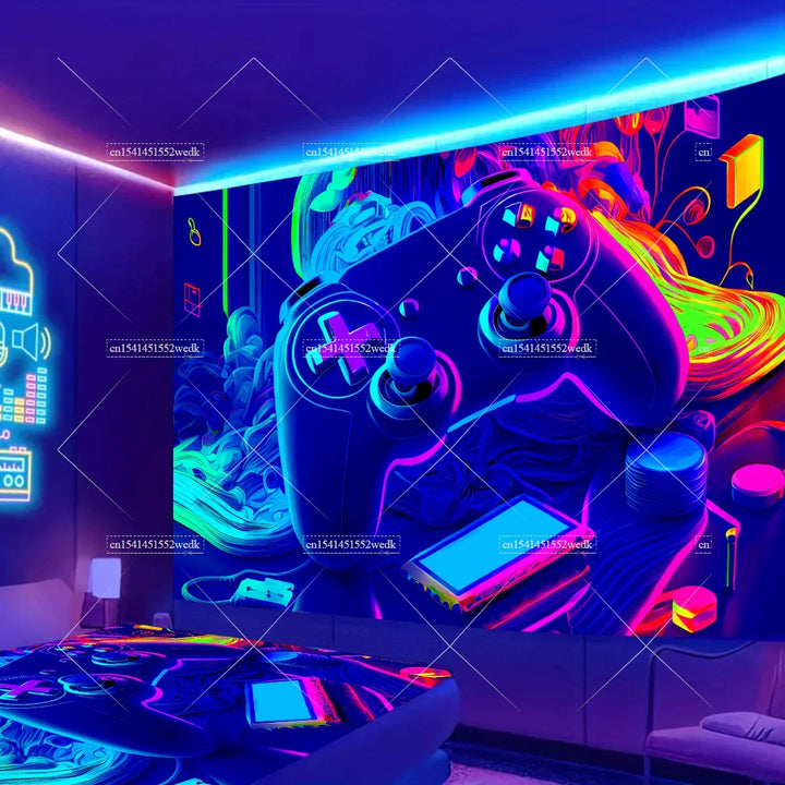 Blacklight Gaming Tapestry UV Reactive Game Controller Neon Tapestrys For Boys Glow In The Dark Tapestry Aesthetic Room Decor