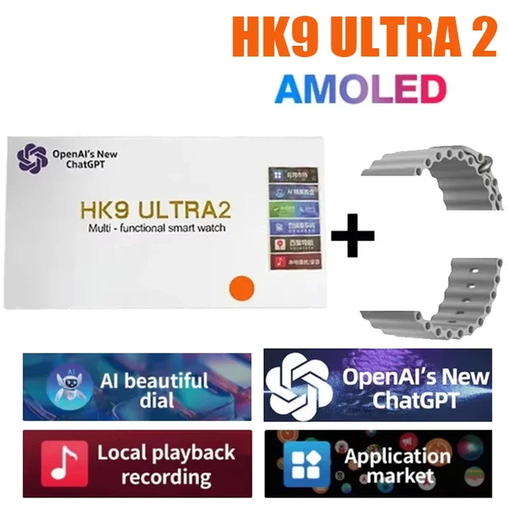 Novo Hk9 ultra2 max chamada bluetooth relógio inteligente masculino tela hd chatgpt