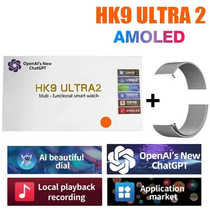 Novo Hk9 ultra2 max chamada bluetooth relógio inteligente masculino tela hd chatgpt