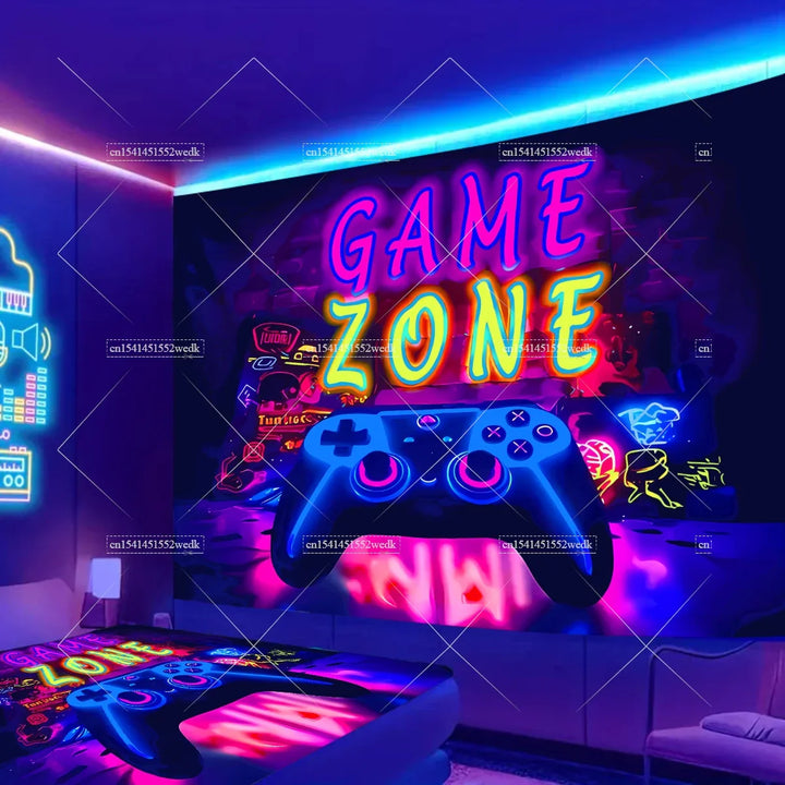 Blacklight Gaming Tapestry UV Reactive Game Controller Neon Tapestrys For Boys Glow In The Dark Tapestry Aesthetic Room Decor