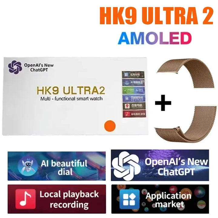 Novo Hk9 ultra2 max chamada bluetooth relógio inteligente masculino tela hd chatgpt