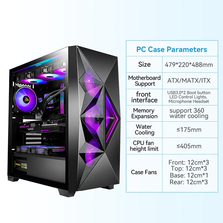 Antec DF800 FLUX PC Case Caixa lateral de vidro ATX Mid Tower Support 360 Water Cooled Side Computer Case com 5 peças