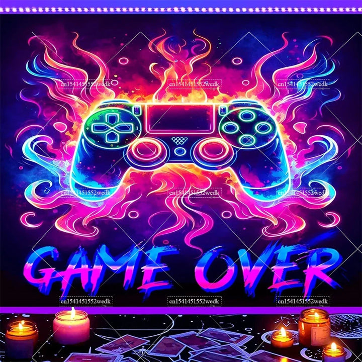 Blacklight Gaming Tapestry UV Reactive Game Controller Neon Tapestrys For Boys Glow In The Dark Tapestry Aesthetic Room Decor