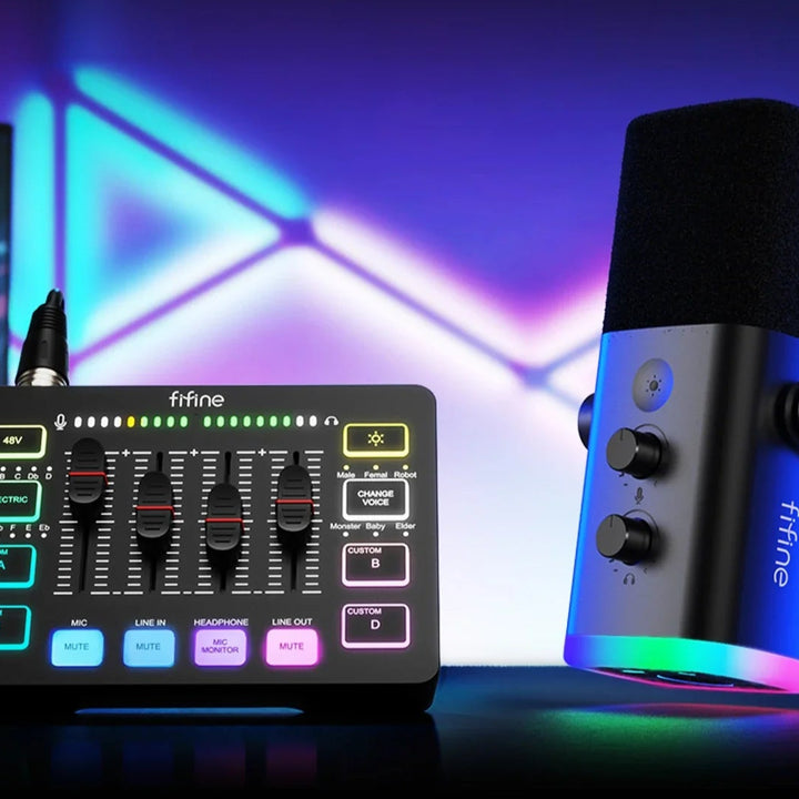 FIFINE All-in-One Podcast Kit with RGB Audio Mixer,Streaming Studio Set with Dynamic Mic for PC Gaming Recording-Ampligame KS5