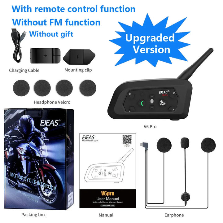 EJEAS V6 PRO+ Bluetooth Motorcycle Helmet Intercom Headset with 1200M BT Interphone Communicator for 6 Riders Waterproof