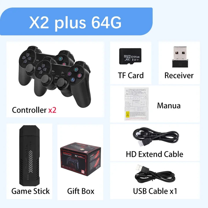 Novo x2 plus jogo vara 4k hd console de jogos de vídeo 2.4g duplo controlador sem fio jogo vara para n64/psp/ps1/gba