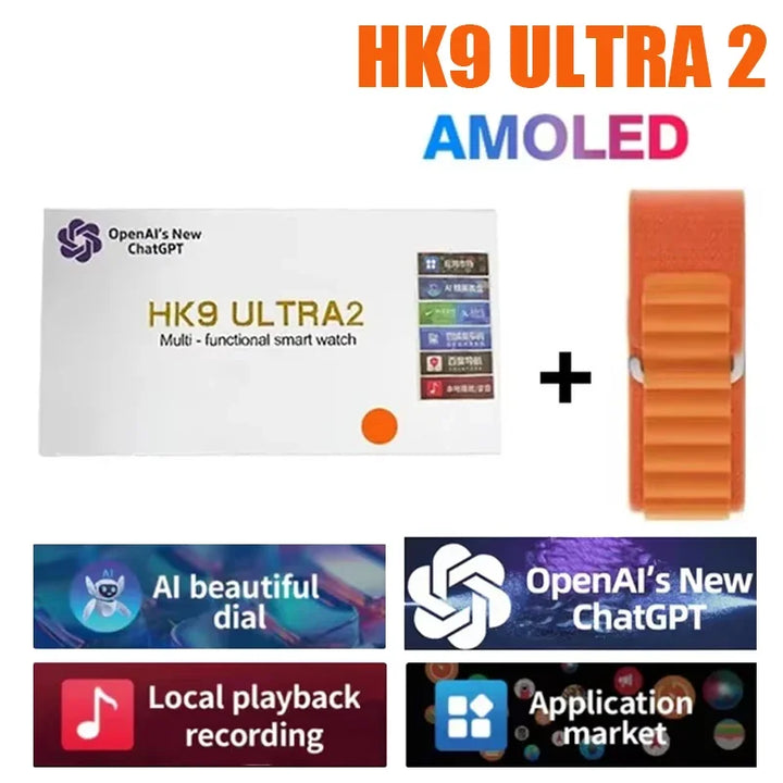 Novo Hk9 ultra2 max chamada bluetooth relógio inteligente masculino tela hd chatgpt