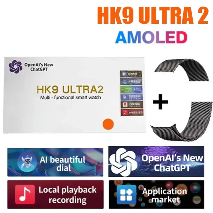 Novo Hk9 ultra2 max chamada bluetooth relógio inteligente masculino tela hd chatgpt