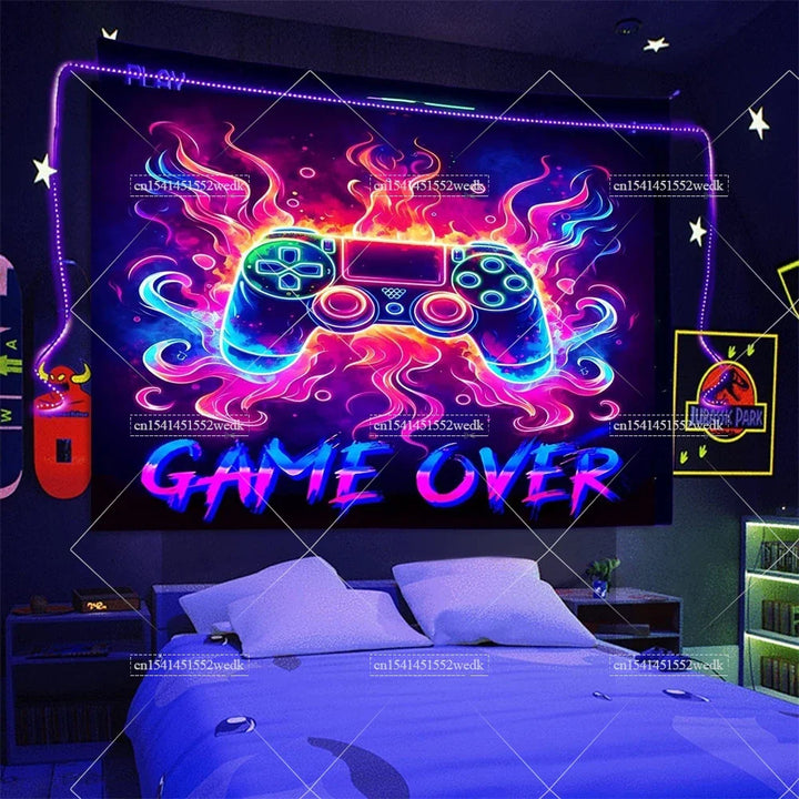 Blacklight Gaming Tapestry UV Reactive Game Controller Neon Tapestrys For Boys Glow In The Dark Tapestry Aesthetic Room Decor