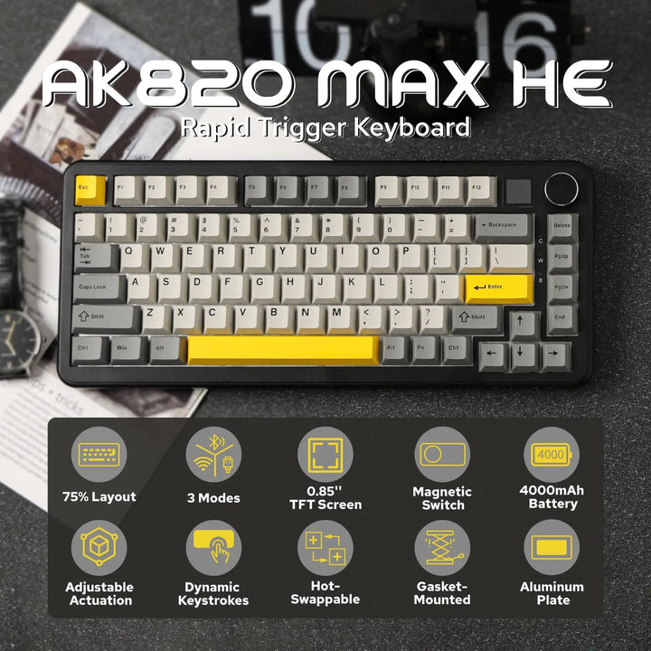 AJAZZ AK820MAX Mechanical Keyboard Magnetic Axis Wired/Wireless Tri-Mode 81 KEY Hot-swappable Gasket Structure With 0.85" Screen