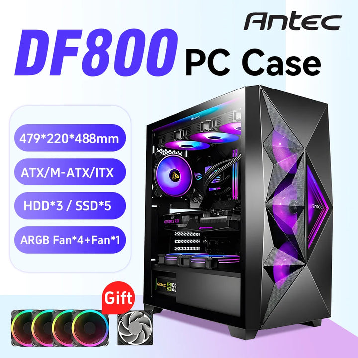 Antec DF800 FLUX PC Case Caixa lateral de vidro ATX Mid Tower Support 360 Water Cooled Side Computer Case com 5 peças