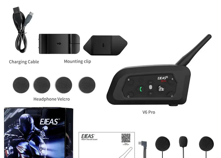 EJEAS V6 PRO+ Bluetooth Motorcycle Helmet Intercom Headset with 1200M BT Interphone Communicator for 6 Riders Waterproof