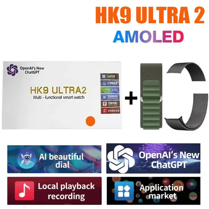 Novo Hk9 ultra2 max chamada bluetooth relógio inteligente masculino tela hd chatgpt